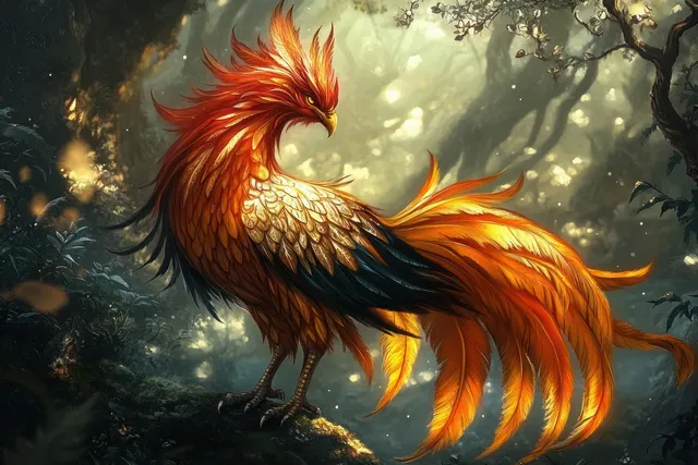 A glowing orange-gold phoenix-like bird perches on a mossy rock in a misty forest under light beams.