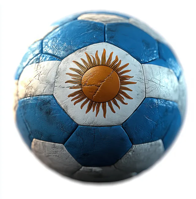 Glossy soccer ball with Argentine flag design and sun emblem under dramatic studio lighting