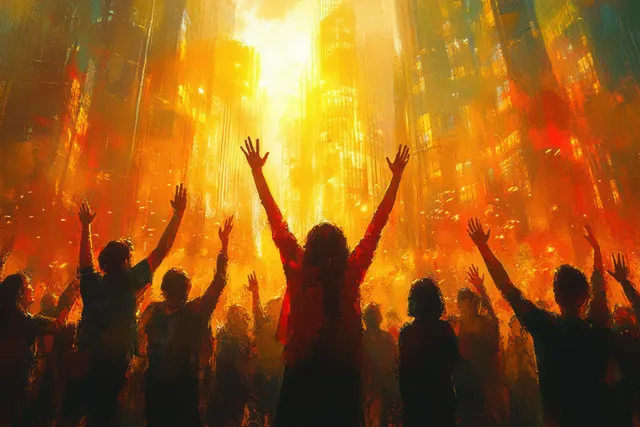 Silhouetted coworkers raise their hands in celebration in a bright office with golden light from windows.