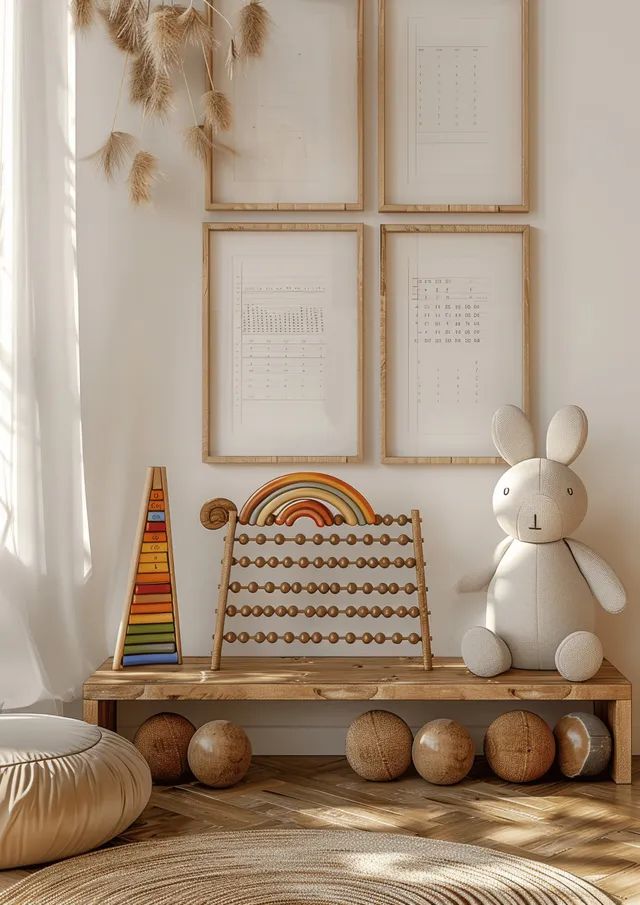 Scandinavian kids room with crib, wooden picture frames, and toys on a shelf in warm light.