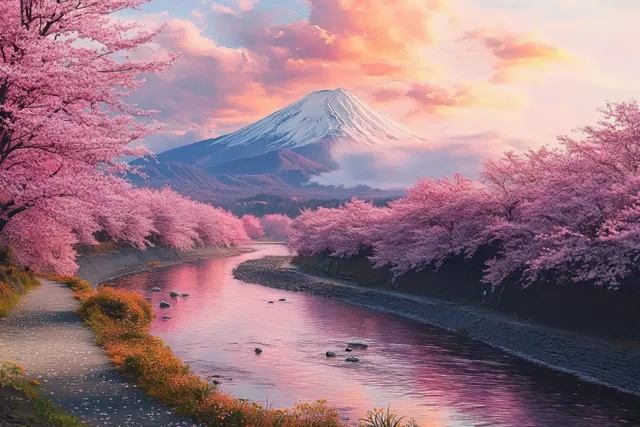 Pink cherry blossoms frame a quiet river while a snowcapped mountain rises under colorful sunset clouds.