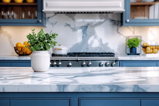 Blue kitchen cabinets with marble countertop and stove, potted herb plant in foreground