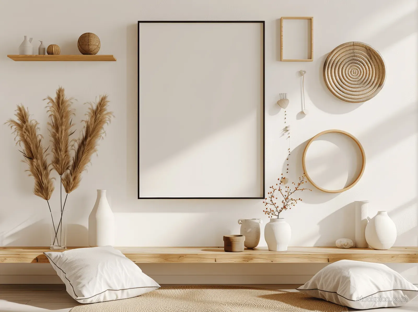 Blank portrait poster frame hangs on a white wall above a wooden shelf with decorative ceramics and vases.