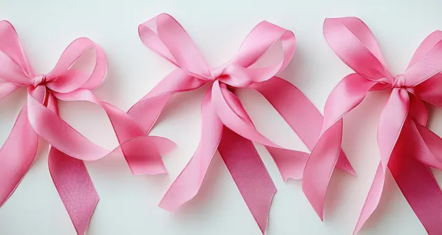Pink breast cancer awareness ribbons arranged on clean white background