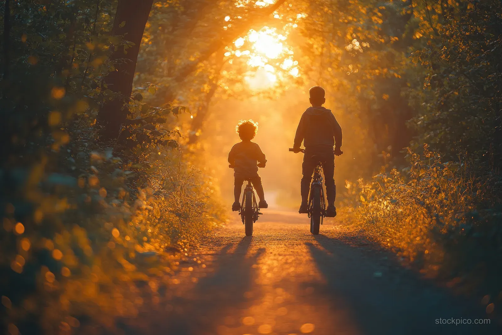 Parents help their son practice riding a bicycle on a sunlit path in a park during golden hour.