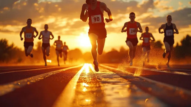 Sprinters race down an outdoor track at sunset, captured mid-stride with warm light