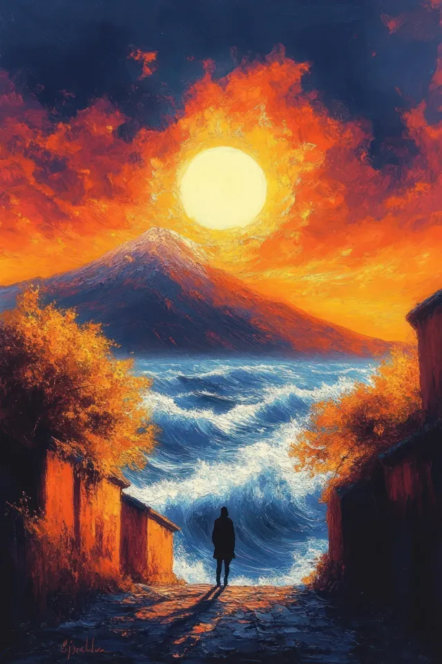 A lone silhouette stands on a coastal path between buildings, watching ocean waves under a glowing sun and fiery sky.