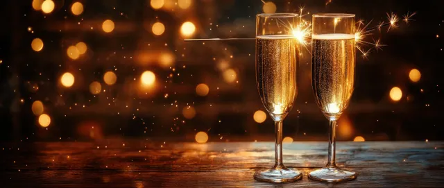 Two champagne flutes with a sparkler on a rustic wooden table, surrounded by warm bokeh lights in a cozy winter setting.