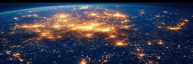 A digital-art aerial panorama shows New Delhi at night with glowing city lights across dark blue haze.