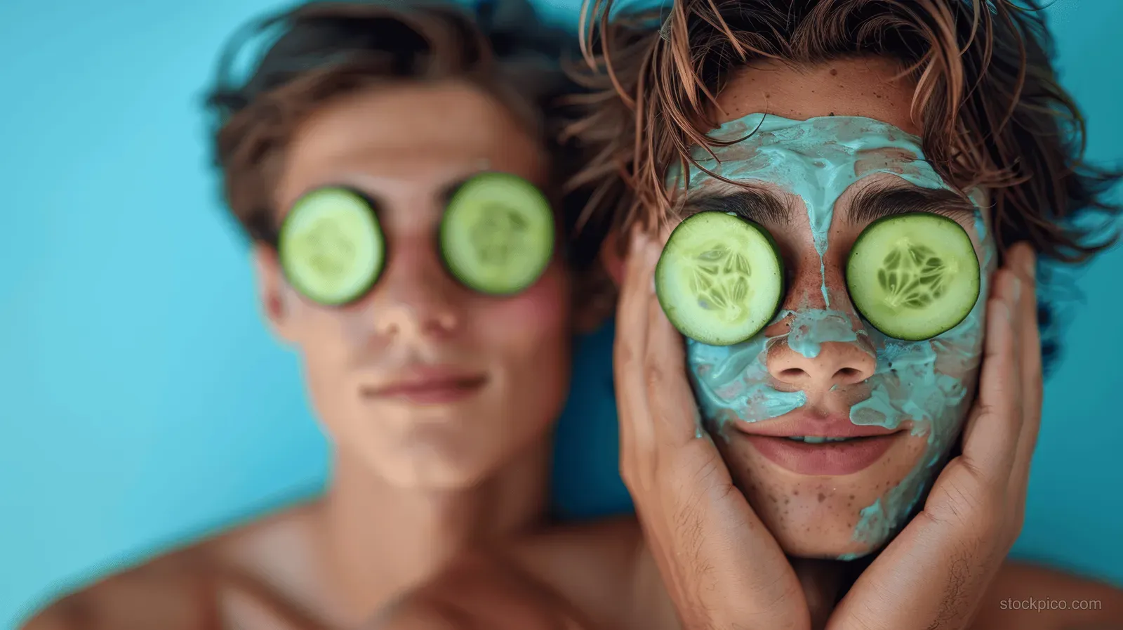 Two young men smile while holding cucumber slices over their eyes and clay facial masks on a blue backdrop.