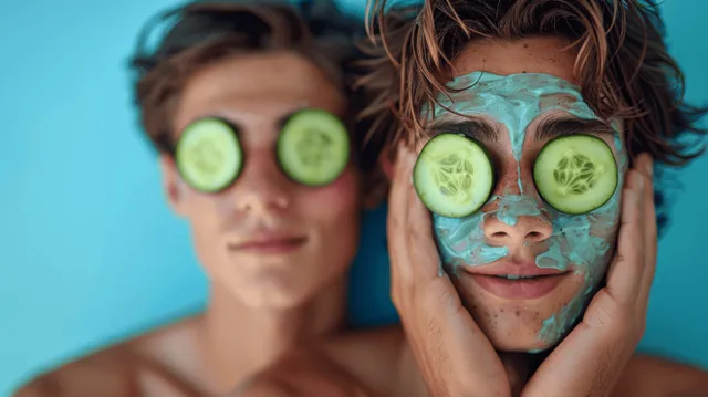 Two young men relax with cucumber slices and clay facial masks against blue backdrop