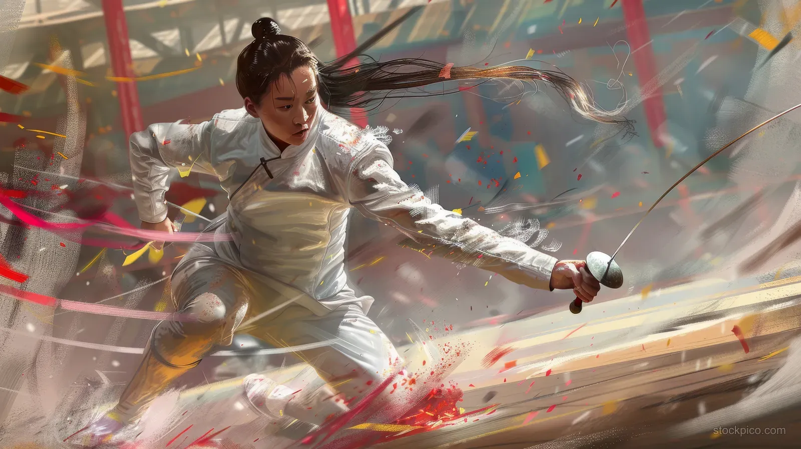 Chinese female fencer lunging with a foil in a sports arena while sparks and motion blur streak behind her.