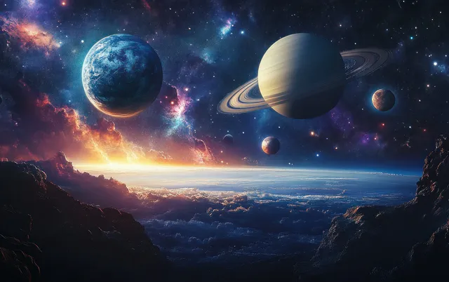 Glowing planets and starry nebula drift above dark mountain silhouettes under a deep cosmic sky.