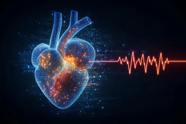 Glowing 3D heart with cardiogram line, digital medical diagnostic background