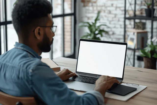 An Indian man types on a laptop showing a blank white screen while working at a modern office desk.