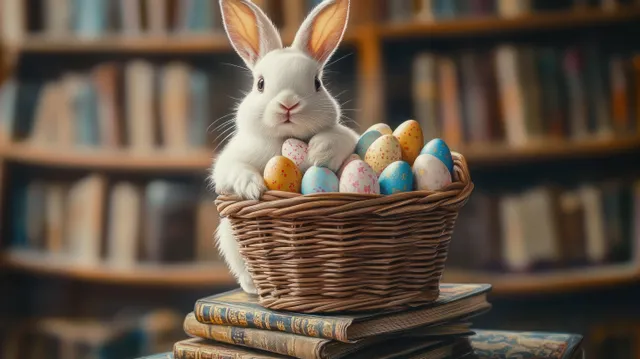 White rabbit sits in a woven basket of colorful Easter eggs on stacked old books, with blurred bookshelves behind.