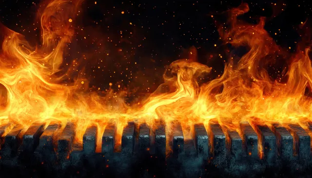 Open charcoal grill with roaring flames and glowing coals during night barbecue