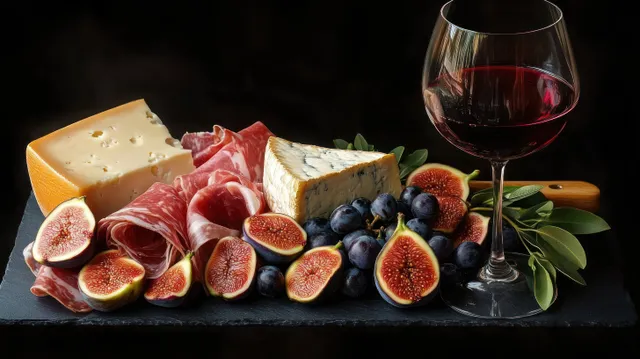 Charcuterie platter with sliced figs, grapes, cheeses, cured meats, and a glass of red wine on a dark slate.