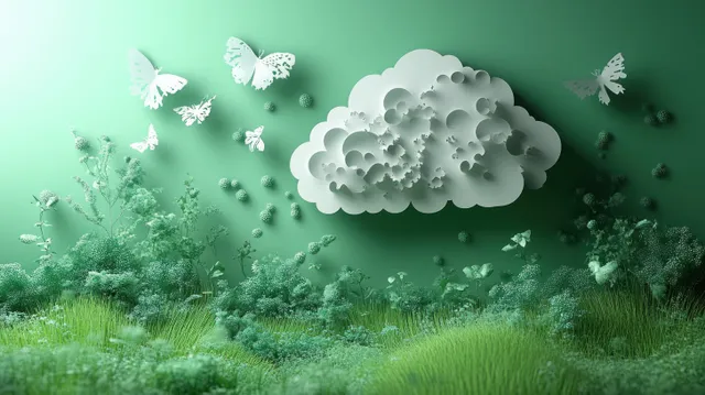Paper cloud over green landscape symbolizing carbon emission reduction