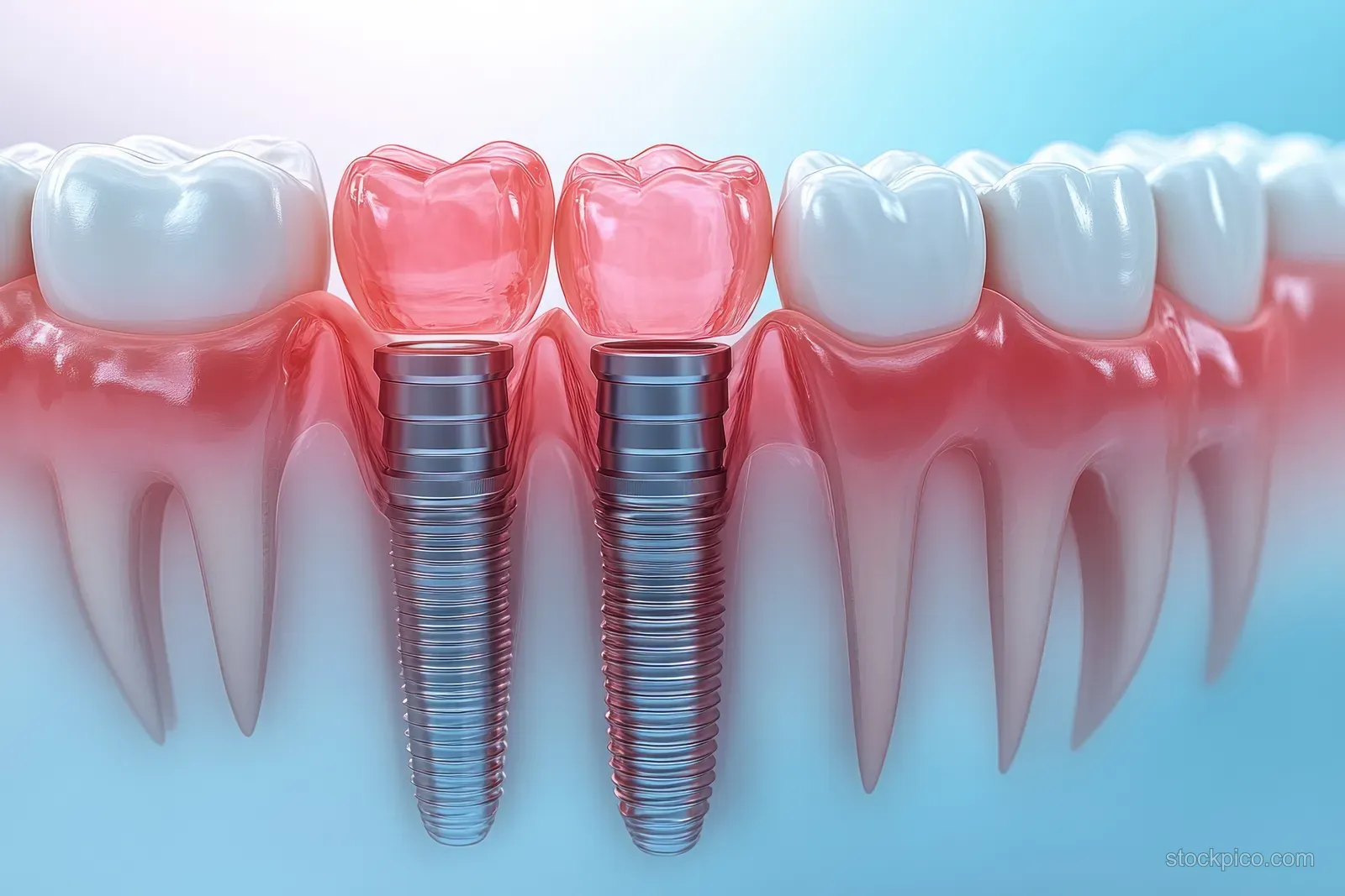 Two titanium dental implant screws are shown embedded between upper teeth with pink gum and tooth enamel detail.