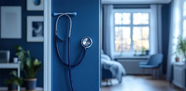 Blue stethoscope hanging on a clinic door, listening tool with soft window light