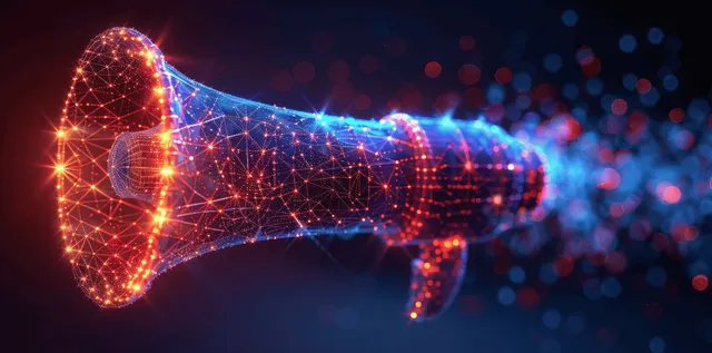 Futuristic megaphone shape emitting glowing network nodes and thin light lines across a dark digital background.