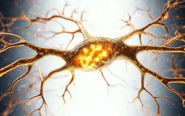 A glowing neuron cell with branching dendrites and warm light highlights spread across a bright background.