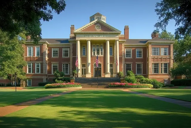 Grand brick school building with tall white columns and manicured lawn in sunlight