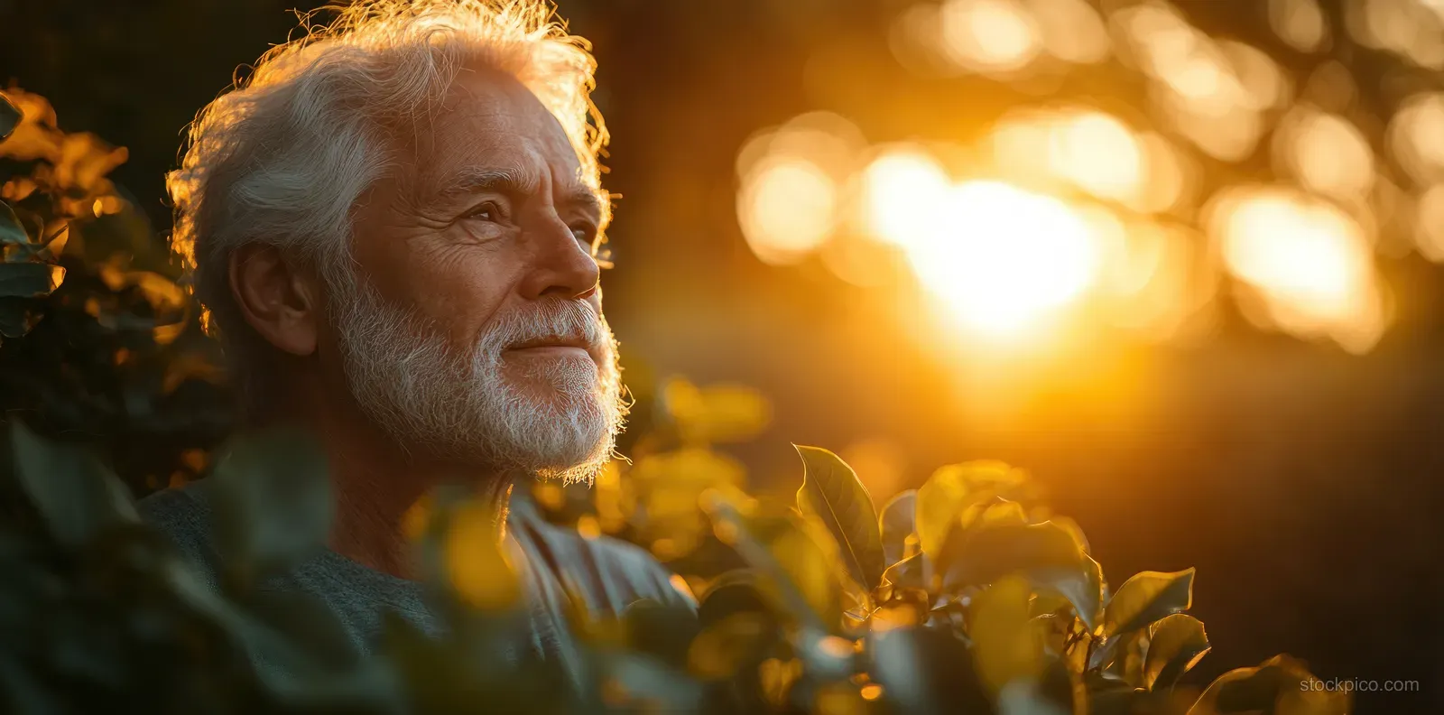 An older man stretches outdoors in a park at golden hour with warm sunlight and blurred greenery behind him.
