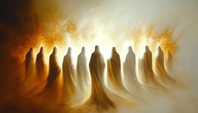 Holy Spirit flames descend as diverse believers gather in a luminous Jerusalem hall