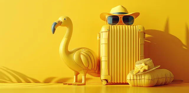 Yellow suitcase with straw hat and sunglasses sits next to a flamingo and seashells on a monochrome yellow background.