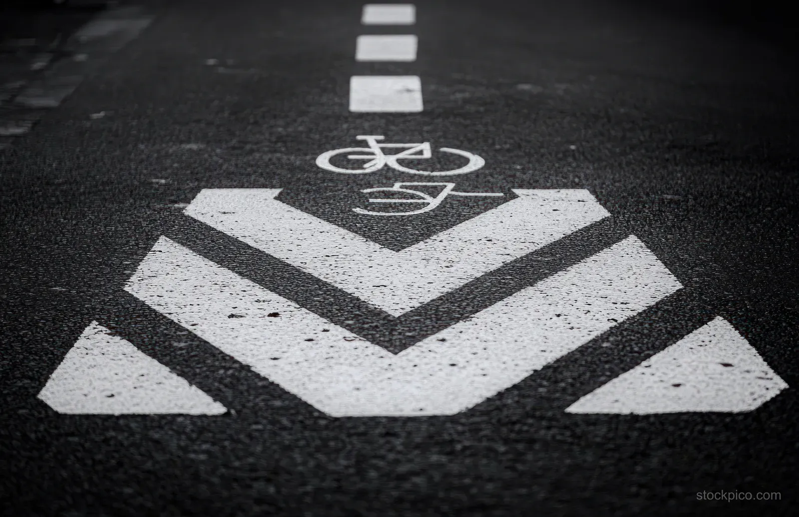 White bicycle lane directional arrows and bike symbol are painted on black asphalt road surface.