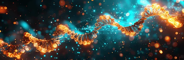Glowing turquoise and orange DNA helix curves across a dark background with scattered light particles.