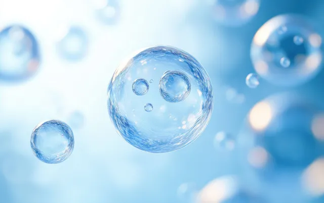 Transparent blue bubbles float on a soft gradient background with light reflections and gentle blur.