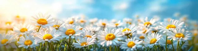 Sunlit daisies fill a field with white petals and yellow centers beneath a bright blue sky.