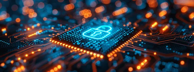 Glowing lock icon over a blue circuit board with bright data traces suggesting encryption and secure access.