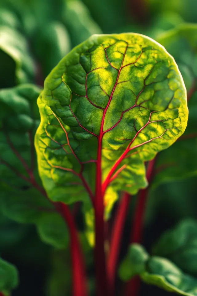 Swiss chard leaf held in sunlight showing red veins and vivid green texture
