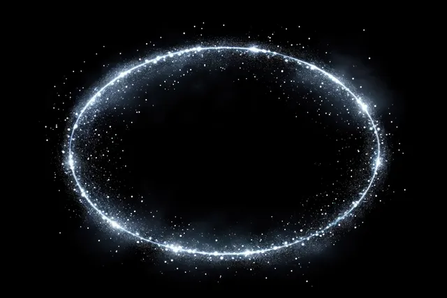 A bright white particle ring glows in a dark background, surrounded by tiny shimmering specks.