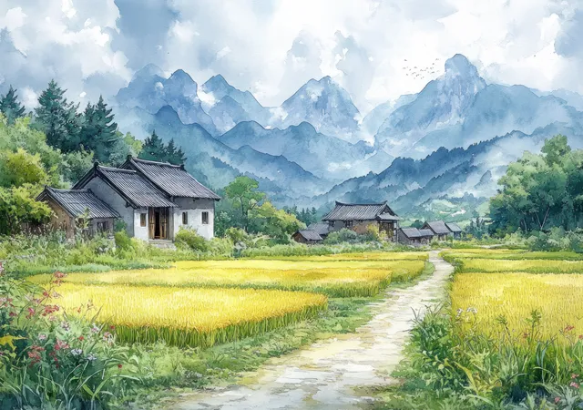 Autumn rice fields and village houses along a winding path beside a stream