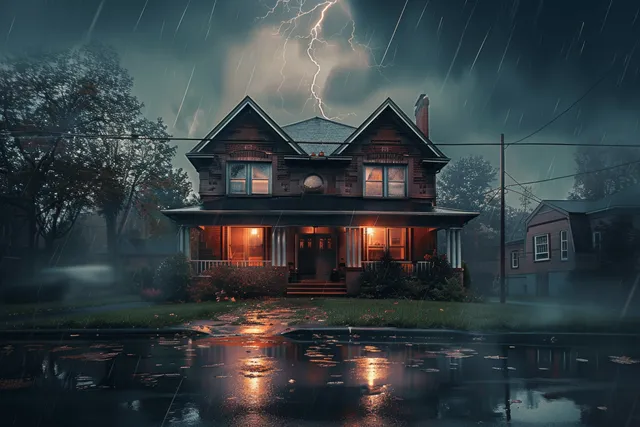 Un rayo cae sobre una casa suburbana de noche mientras los charcos de lluvia brillan bajo oscuras nubes de tormenta.