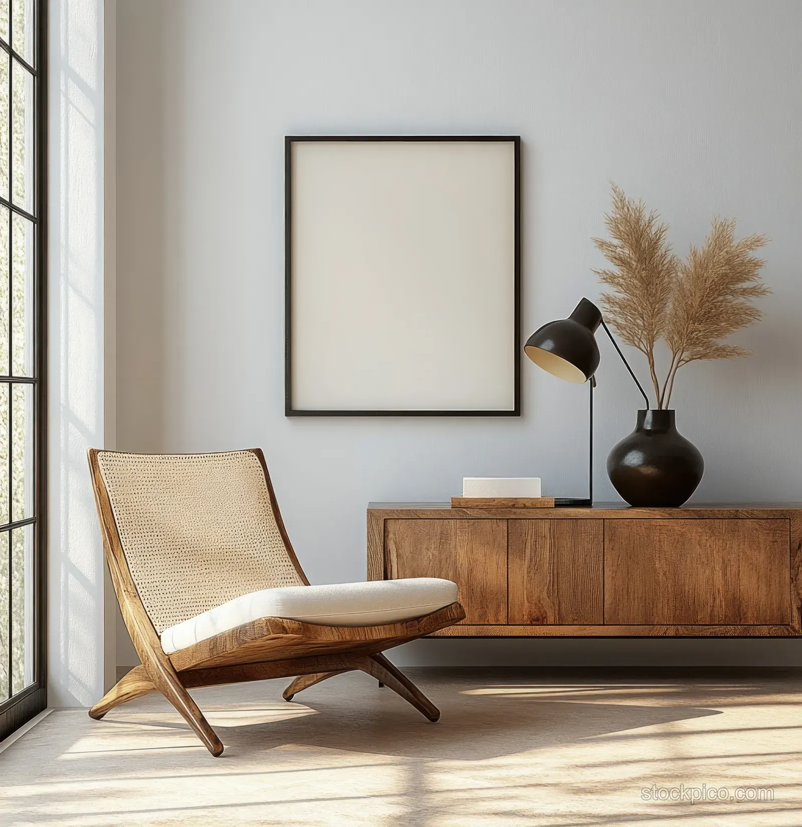 Wooden chair beside a framed blank artwork over a cabinet with a table lamp and pampas stems in warm daylight.