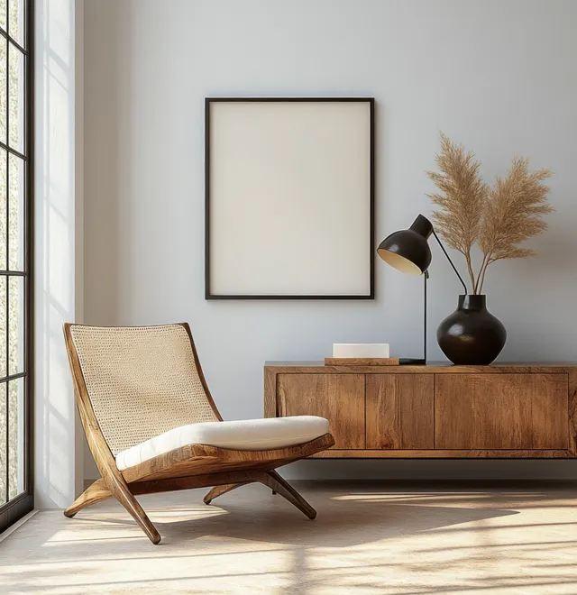 Wooden chair beside a framed blank artwork over a cabinet with a table lamp and pampas stems in warm daylight.