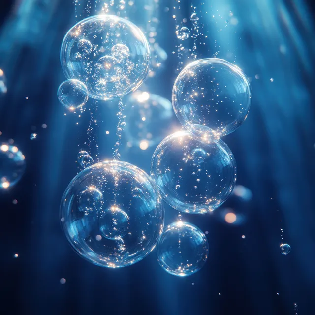 Glowing hyaluronic acid molecule bubbles float inside a blue liquid serum backdrop with sparkling light particles.