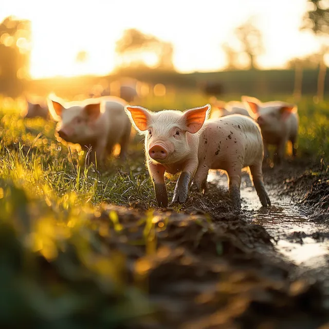 Piglets walk through muddy grass in a pasture at golden hour with warm sunlight and soft background blur.
