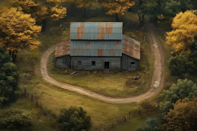 Aerial view of a weathered abandoned barn surrounded by grass, trees, and a winding dirt road under soft dusk light.