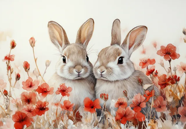 Watercolor illustration of two rabbits sitting among vibrant red flowers and soft petals