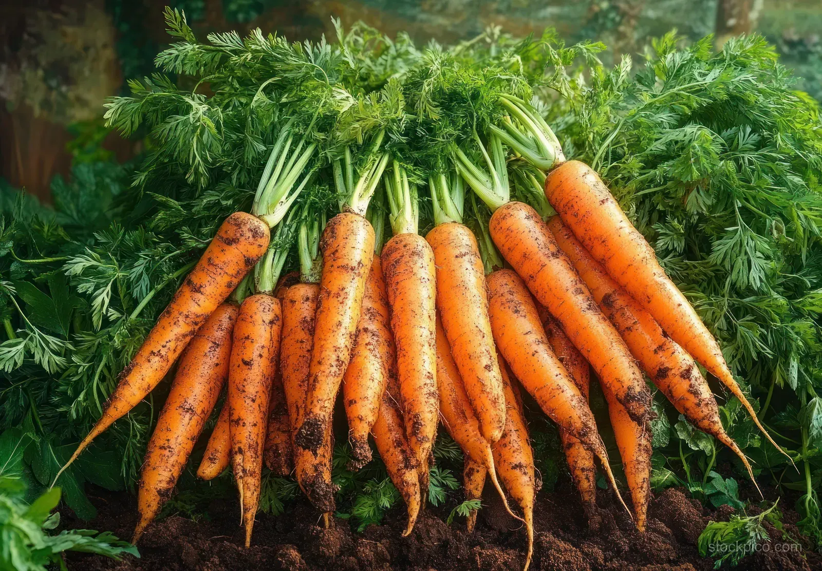 Fresh orange carrots with leafy green tops are displayed on dark soil in a garden-like still life.