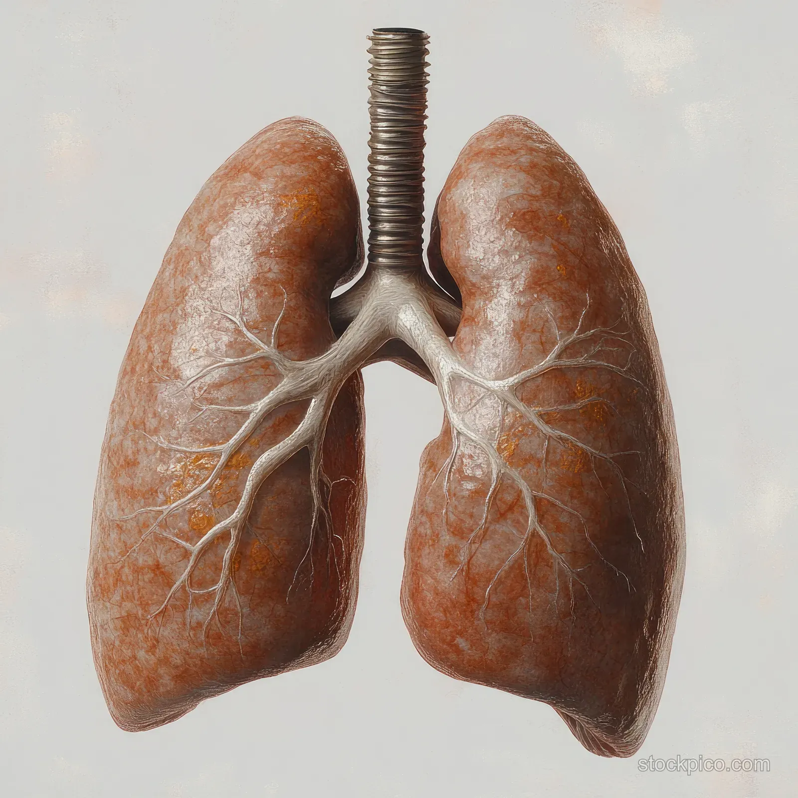 Realistic human lungs with visible trachea and bronchi displayed on a neutral background.