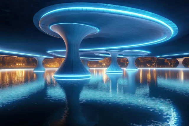 Blue neon-lit concrete columns and rings stand in calm water, their reflections glowing under a dark night sky.