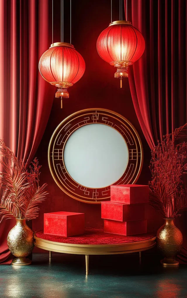 Red lanterns hang above a velvet-curtained setup with a round ornate mirror, gift boxes, and gold vases holding dried plants.